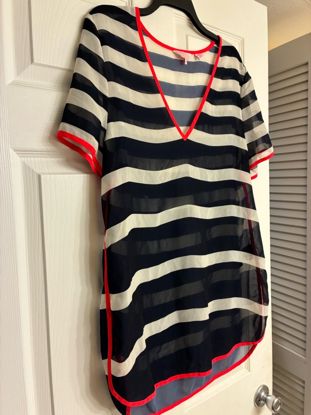 Ted Baker London Blue and White Striped Swim Coverup with Neon Coral Trim